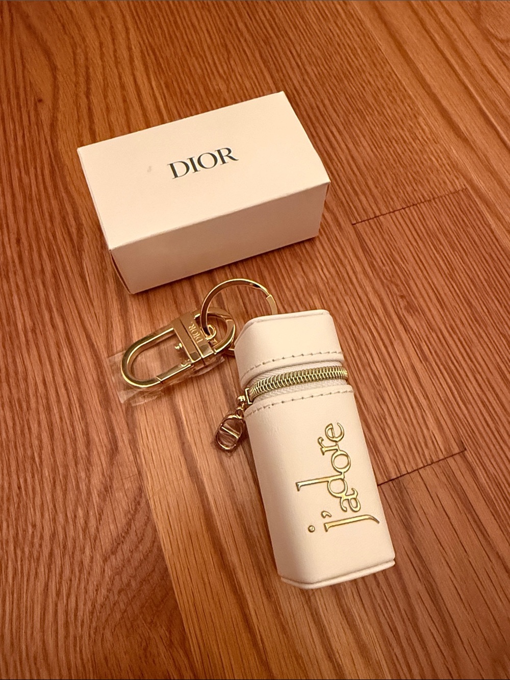 Dior J'adore Cream Leather Lip Case Keyring with Gold Hardware